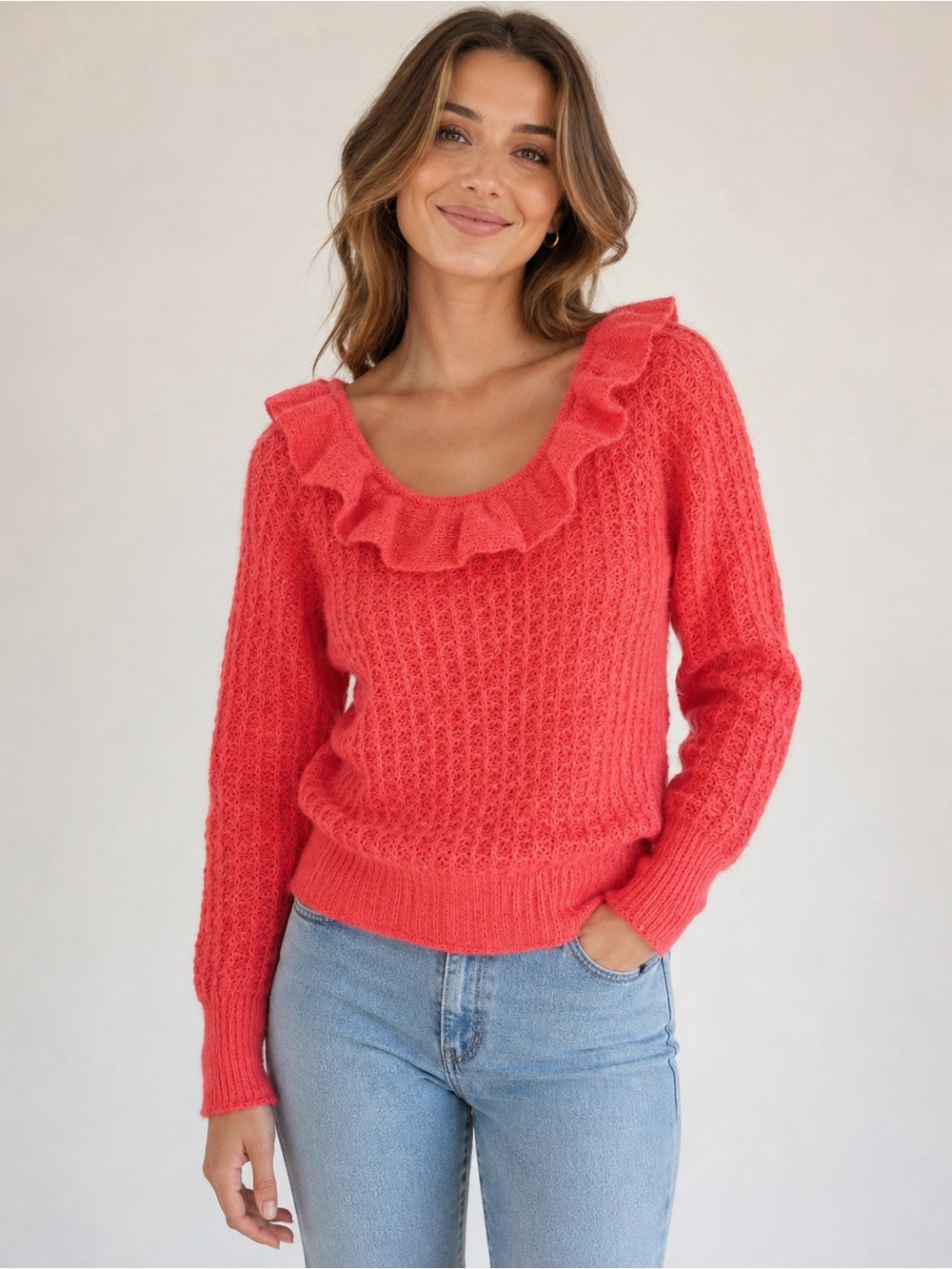 Anthropologie Coral Pink Ruffle Neck Open Knit Wool Blend Sweater M